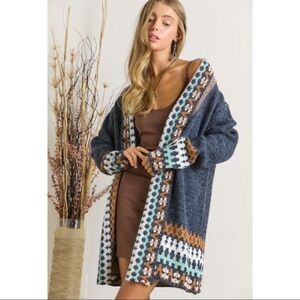 Tribal Native Print Open Front Oversized Navy Boho Cardigan